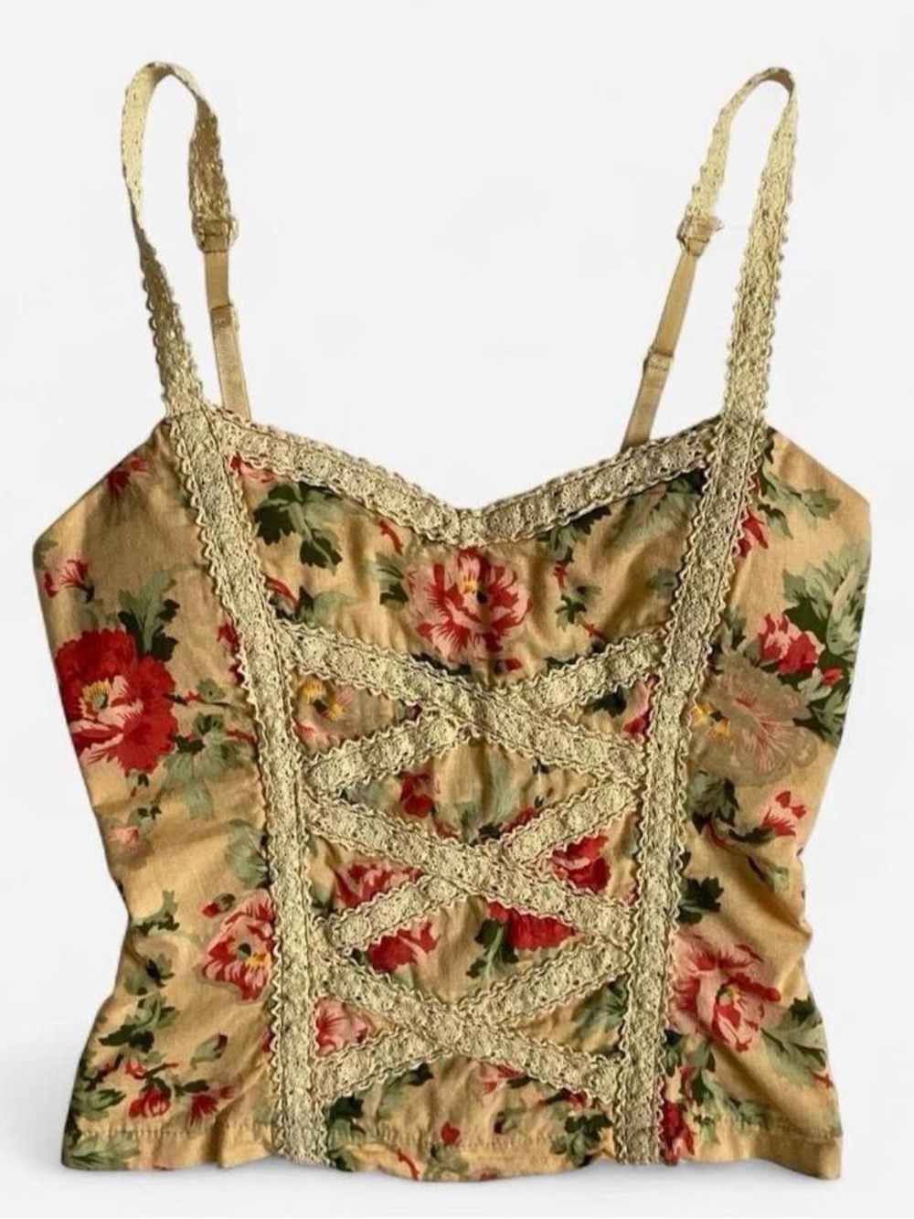 Y2k floral sleeveless top w/crochet lace